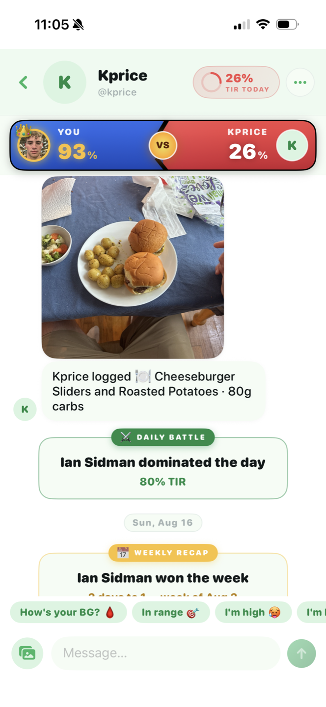 A CarbLens AI battle chat: a 93% vs 26% daily TIR battle, a shared meal, and the weekly recap