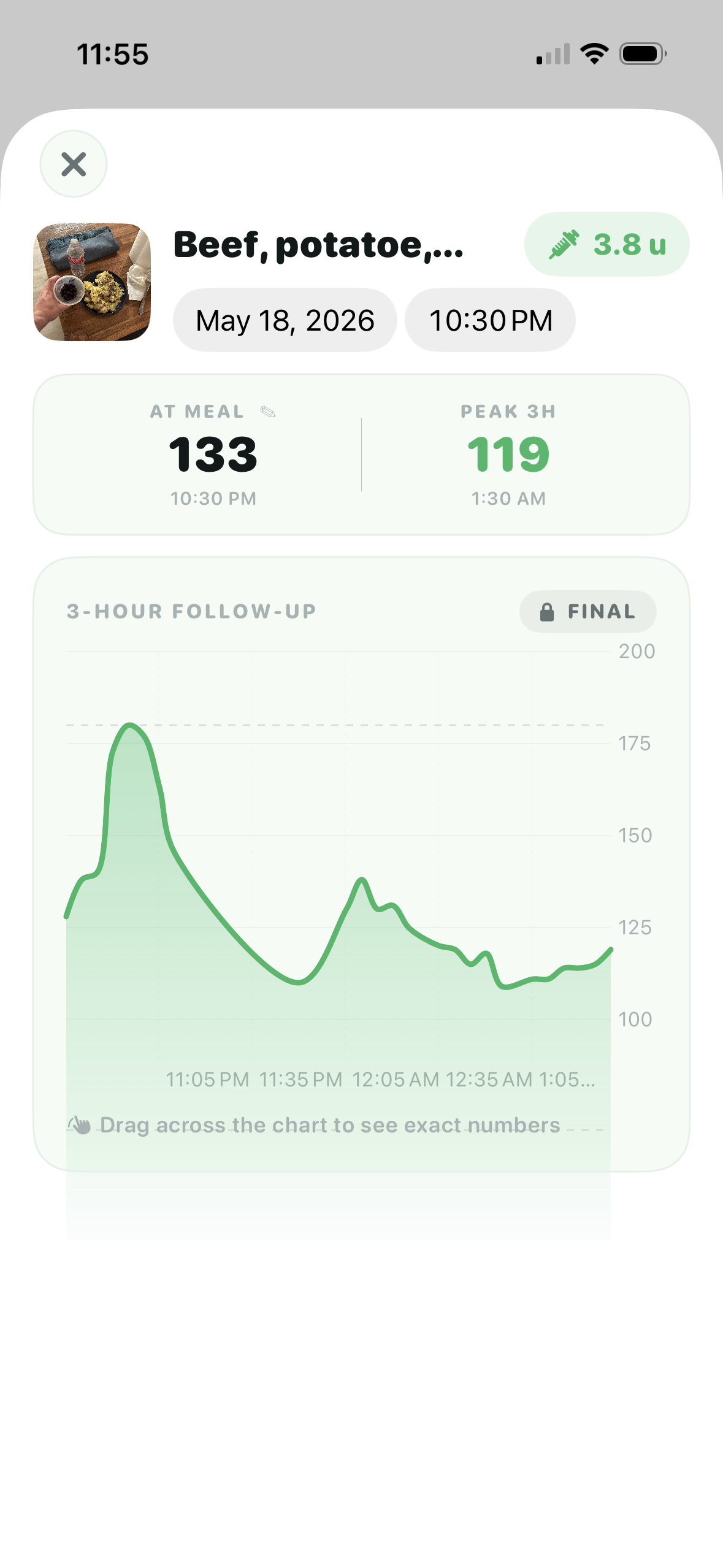 A logged meal with the 3-hour glucose curve CarbLens recorded after it