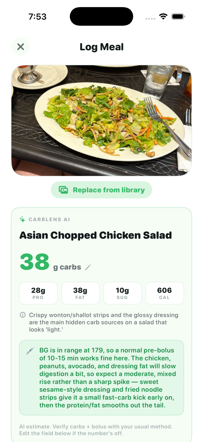 CarbLens AI scanning an Asian chopped chicken salad: 38g carbs, macros, and the hidden-carb callout