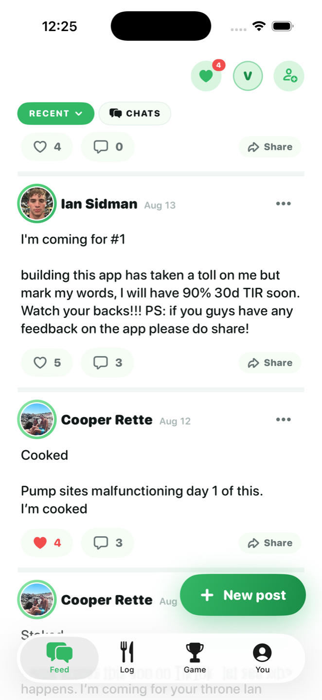The CarbLens AI community feed: posts from other diabetics with likes, comments, and shares