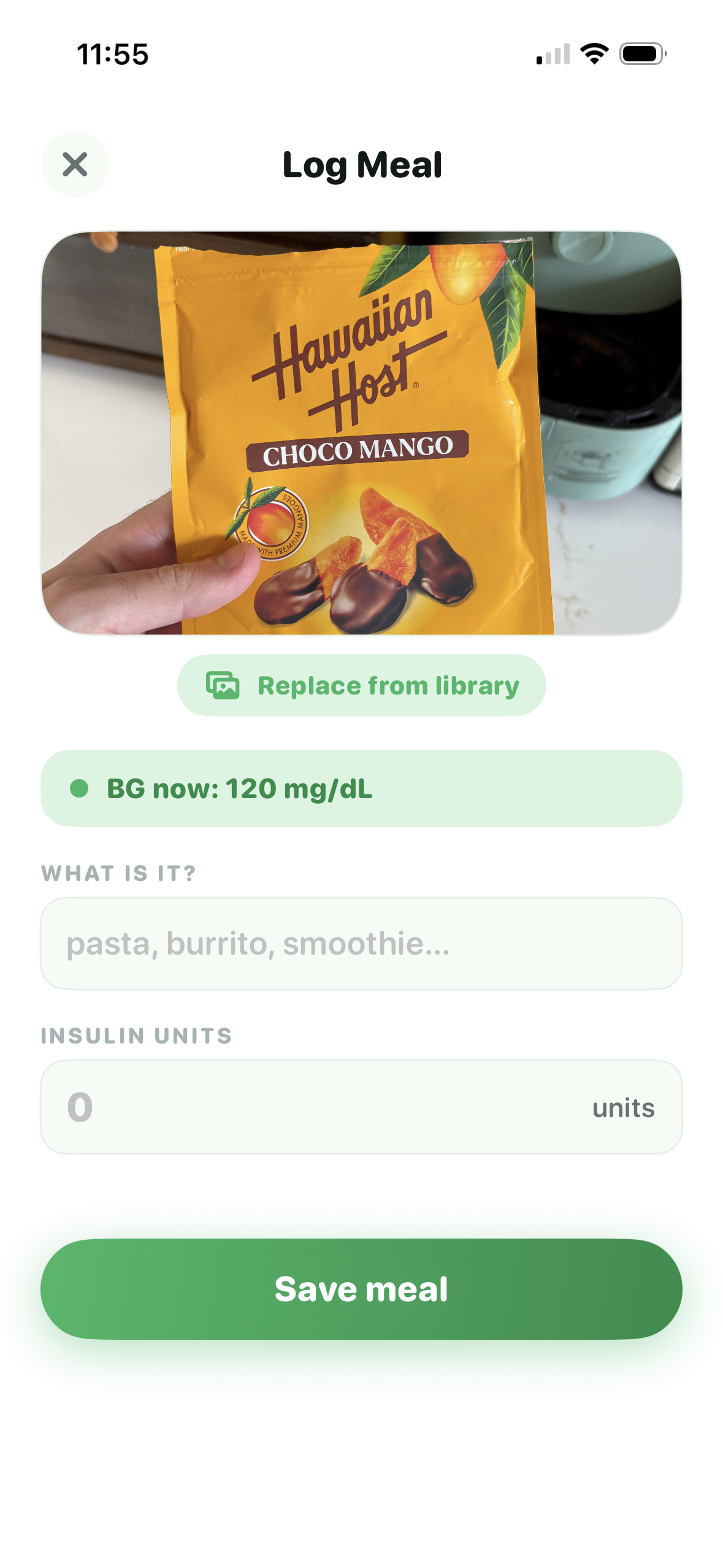 CarbLens AI meal logging screen with an AI carb estimate