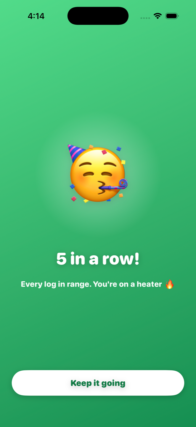 CarbLens AI celebration: 5 in-range logs in a row, you're on a heater
