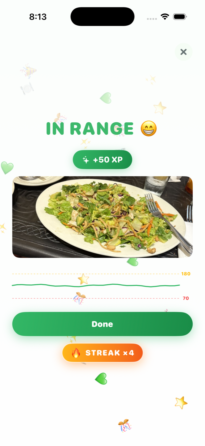 The score reveal: IN RANGE with +50 XP for the salad, a flat glucose line, and a 4-meal streak